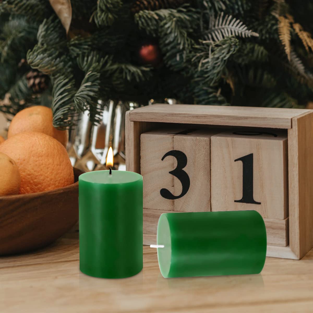 2x3 Green Pillar Candles, Set of 12, Holiday Candles, Unscented for Christmas, Home Decor