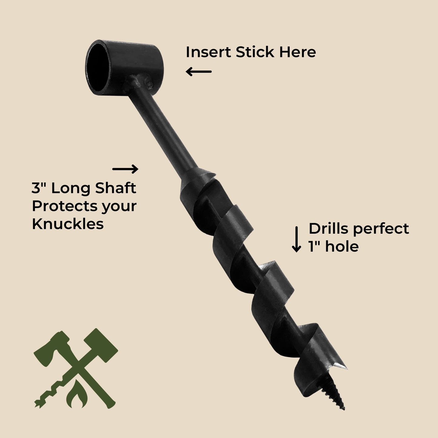 1 Inch Scotch Eye Auger | Manual Hand Wood Auger, Magnesium Fire Starter Survival Tool, & 4 Pack Extra Large Natural Waterproof Kindling