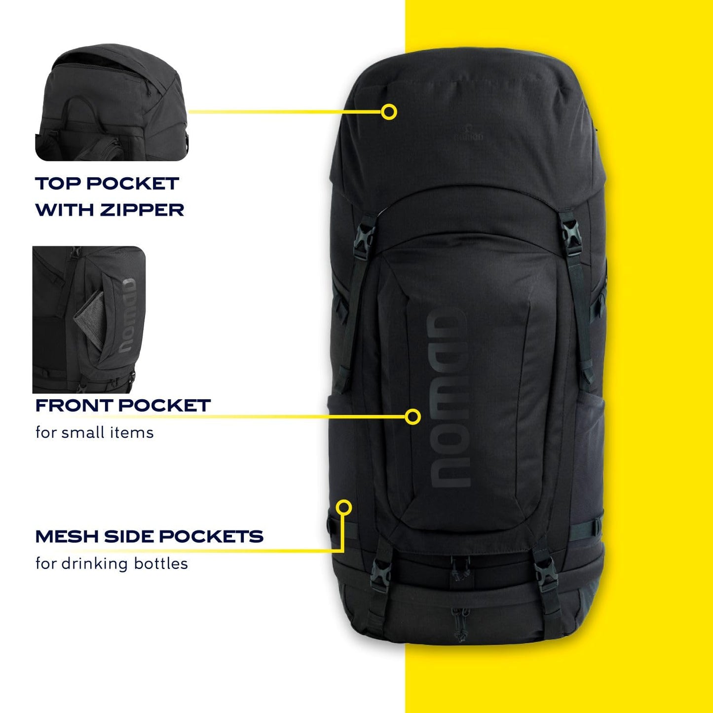 NOMAD Batura Backpack - Premium 70L Pack with Rain Cover Included | Lightweight Rucksack for Traveling, Hiking, Camping, Outdoor Sports (Black)