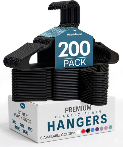Utopia Home Plastic Hangers 200 Pack - Perfect Space Saving Clothes Hanger - Durable and Strong - Perfect Closet Organizers with Shoulder Grooves (Grey)