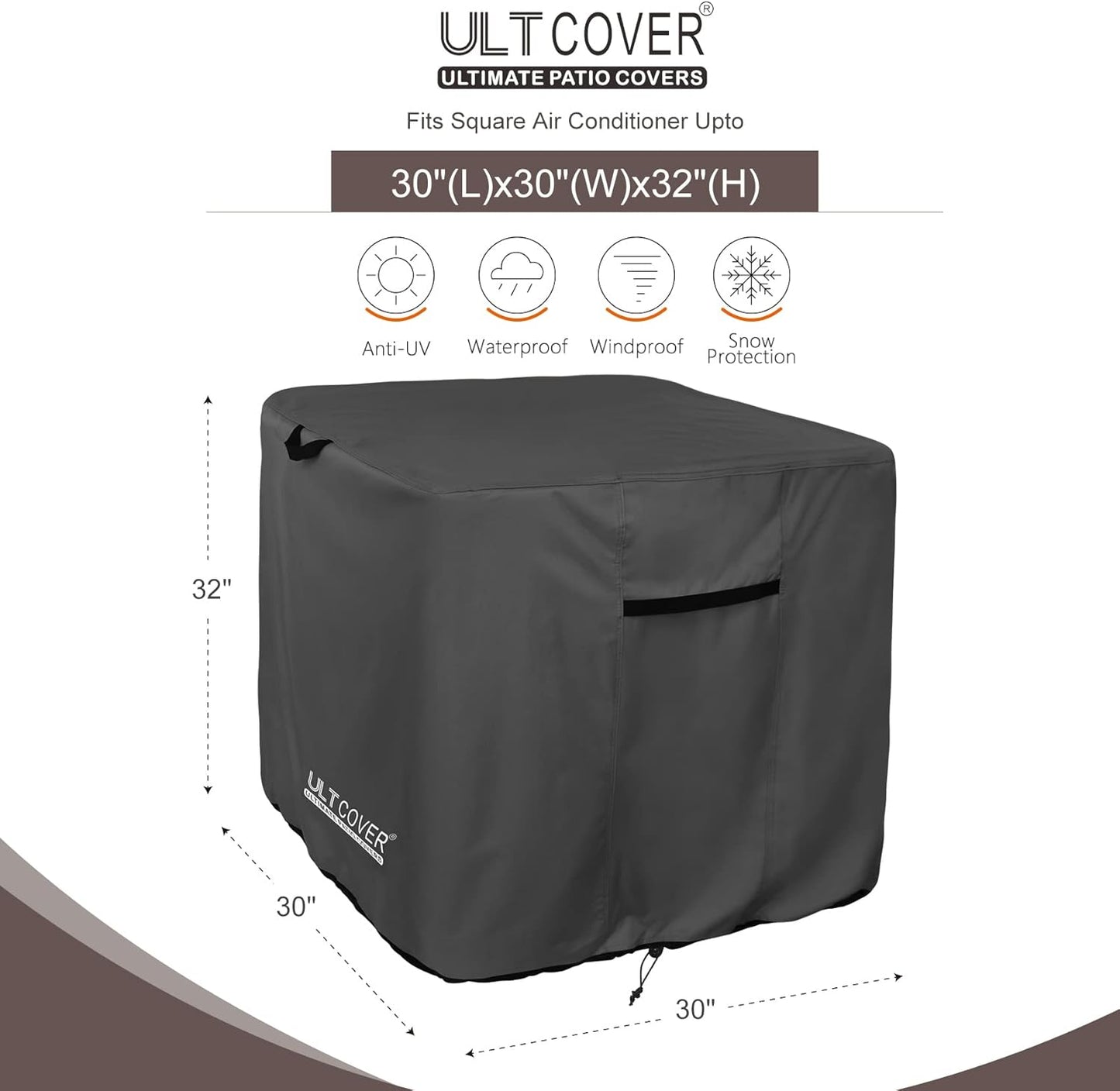 ULTCOVER Waterproof Square Air Conditioner Cover - Protects Outdoor AC Units Up to 30W x 30D x 32H Inches, Black