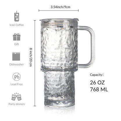 WeirdUncle Glass Tumbler with Handle, Lid and Straw, 26oz Thickened Iced coffee drinking glasses, Large capacity, Unbreakable, Ideal for Office, Travel, Every Day use and Gift (Clear Hammered)