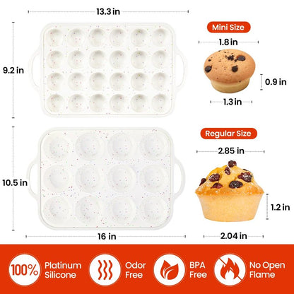 CAKETIME Silicone Muffin Pans for Baking, Metal Reinforced Frame Regular 12 Cups & Mini 24 Cups Cupcake Pan Set Nonstick Muffin Pan for Homemade Baking Easy to Handle