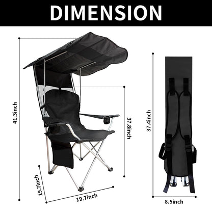 CAMP SOLUTIONS Portable Camping Chair with Canopy Shade- Folding Camping Lounge Chair with Cup Holder & Side Pocket for Outdoor Camping, Fishing, Beach - Support 330 LBS(BLACK-2PK)