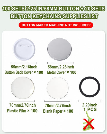 UCEC 100 PCS 58mm Button Maker Supplies, 2.25 Inch Button Pins Badge Kit, Pin Maker Supplies Button Making Supplies with Plastic Backs, Clear Film & Papers, Fits Most 58mm Button Maker Machine for DIY