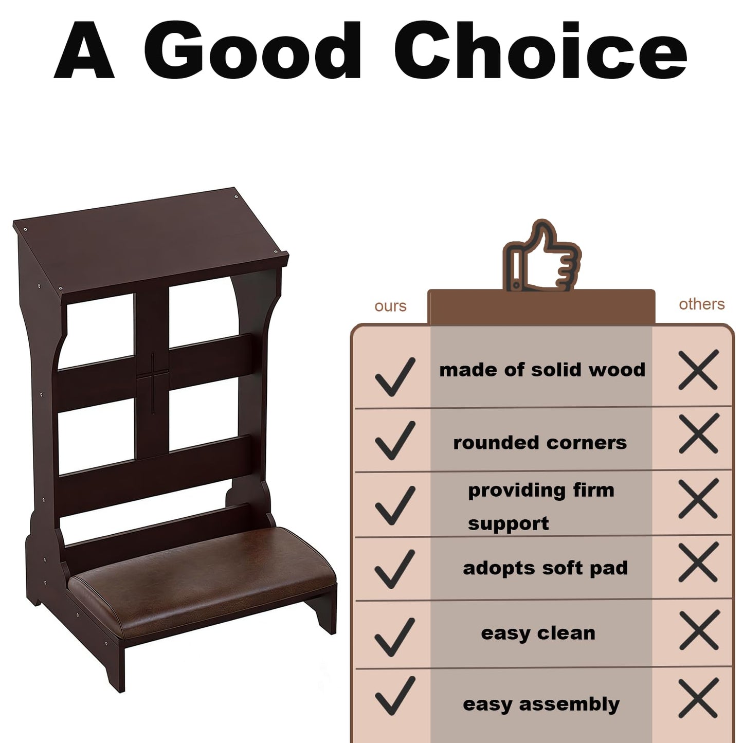 Jeracino Prayer Kneeler, Wooden Kneeling Bench with Foldable Design, 23" L x 20" W x 36" H, Folding Prayer Bench with Padded Cushion, Portable Prayer Bench, Brown Wood Color