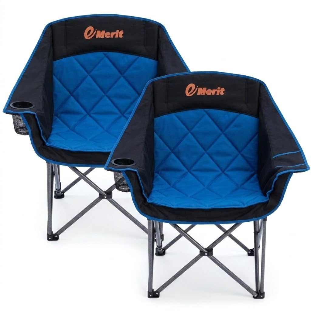 EMERIT 2 Pack Oversized Padded Camping Chairs, Heavy Duty 450 LBS Capacity Outdoor Folding Quad Chair with Cup Holder, Portable for Camping, Tailgating, Sports, Backyard & Patio, Black