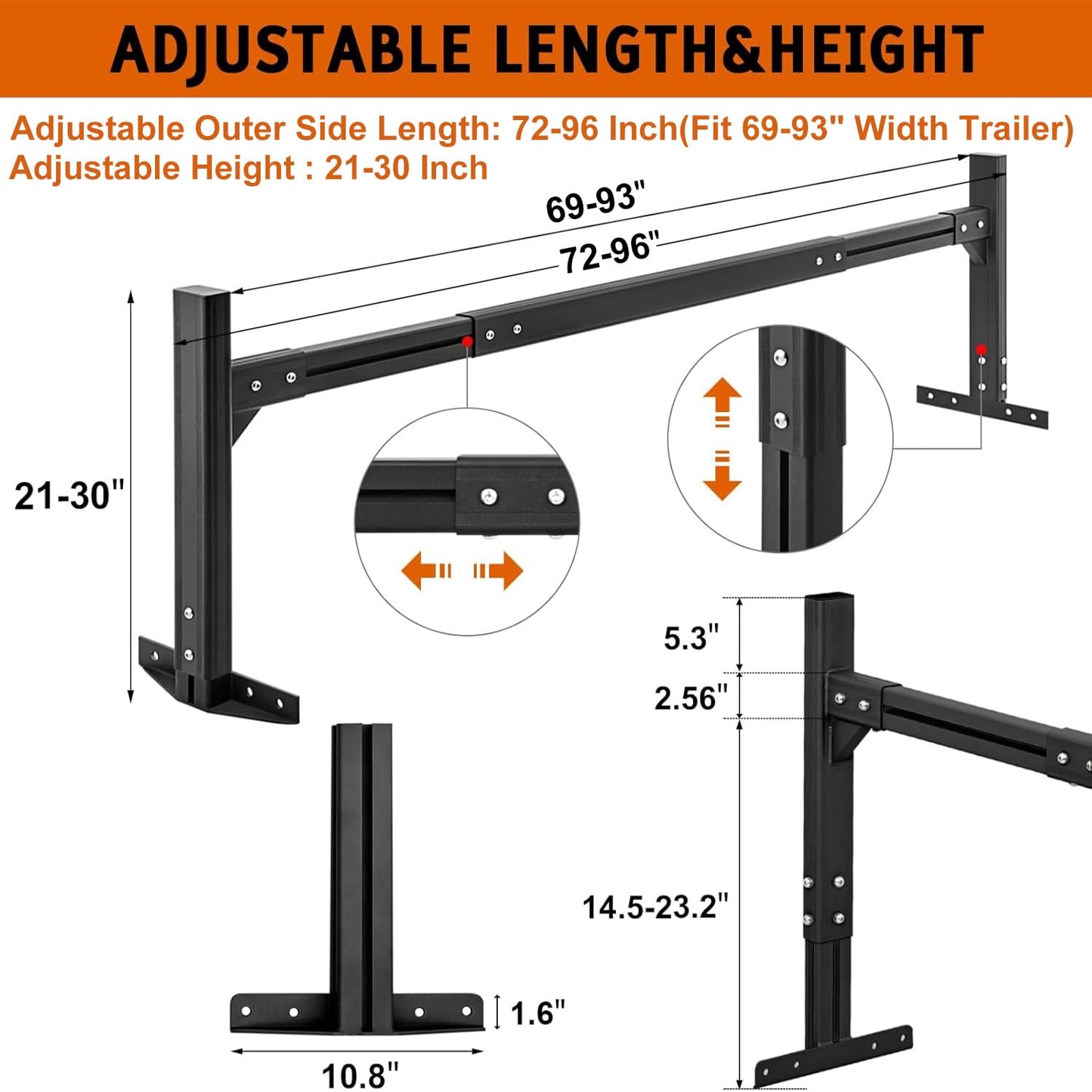 CIRONBOW Adjustable Aluminum Trailer Ladder Rack, Cargo Box Rack with 2 Straps, Adjustable Length 5.7FT-7.7FT, 2 Bars - Fit for Open and Enclosed Trailers, 800LB Capacity