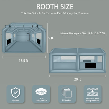 GONFLABLE 20 * 13.5 * 9FT Inflatable Spray Booth with One Blower 1100W, Airbrush Paint Booth Blow up Tents for Camping Auto Car Parking Workstation Club
