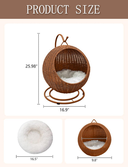 CIHTL Wicker Cat Bed Indoor & Outdoor, Handwoven PP Rattan Cat Swing Bed with Removable Washable Cushion, Breathable Waterproof Cat House for Cats & Small Dogs (Large–16.9" L × 25.98" H)