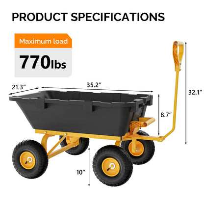 VINGLI Heavy Duty Dump Cart Wagon, 800LBS Quick-Release Dump Poly Wheelbarrow, 10in All-Terrain Pneumatic Tires Garden Wagon for Garden, Yard, Beach