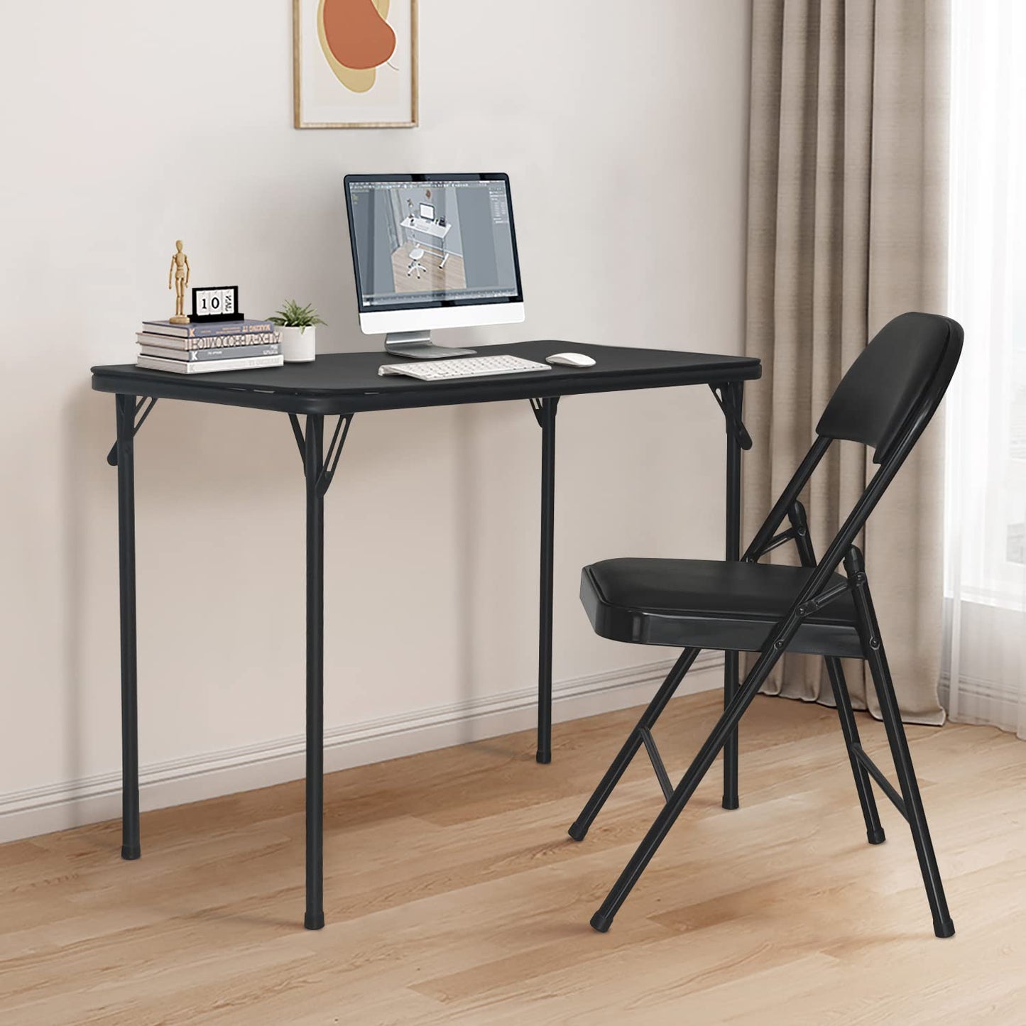 BOOSDEN Foldable Table and Chair Set, Folding Card Table and Chairs, Portable Table with Chairs for Indoor Outdoor, Tables Chair Set Space-Saver for Dining, Game, Camping, Apartment, 2 Pack, Black