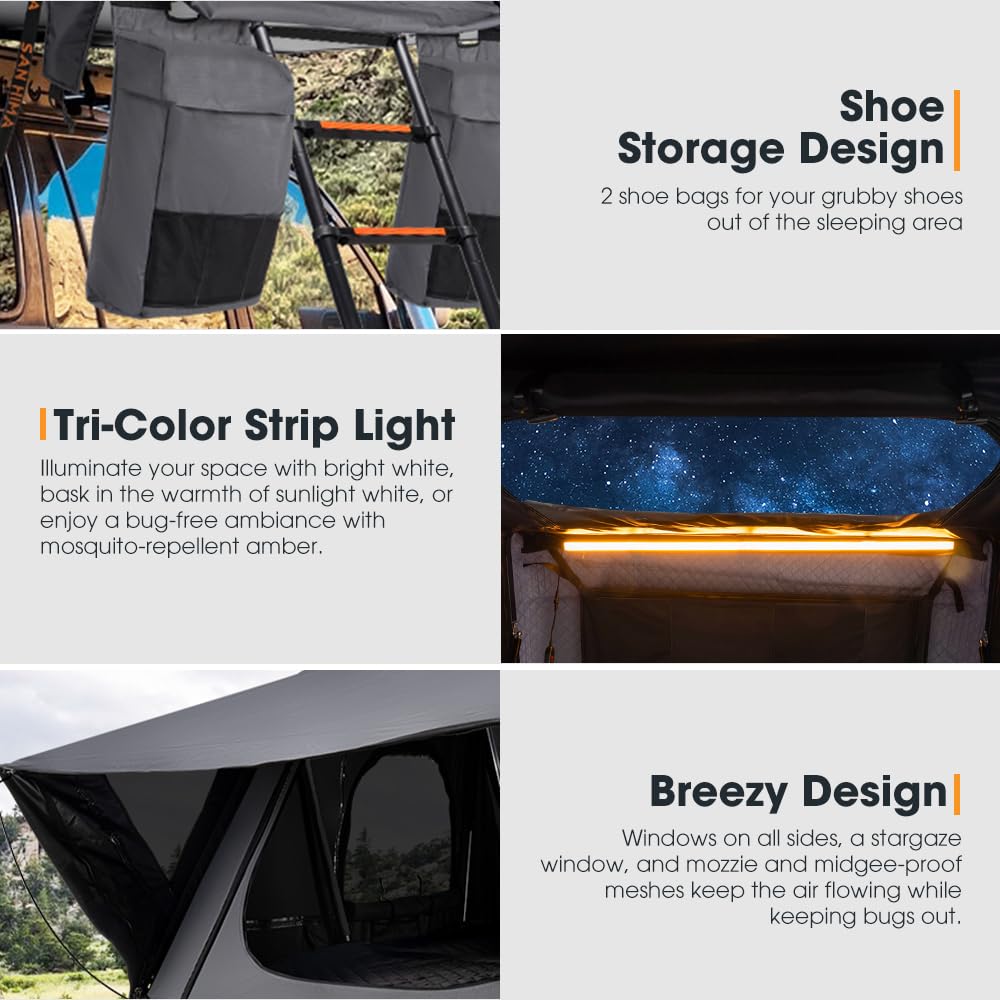 Sanhima Rooftop Tent Hard Shell - Jervis Overland Aluminium ABS Roof Top Tent w/Stargaze Window & LED Strip Light for Car SUV Truck Camping, 2-3 People (Gray)