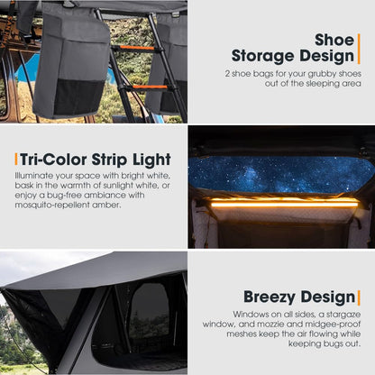 Sanhima Rooftop Tent Hard Shell - Jervis Overland Aluminium ABS Roof Top Tent w/Stargaze Window & LED Strip Light for Car SUV Truck Camping, 2-3 People (Gray)