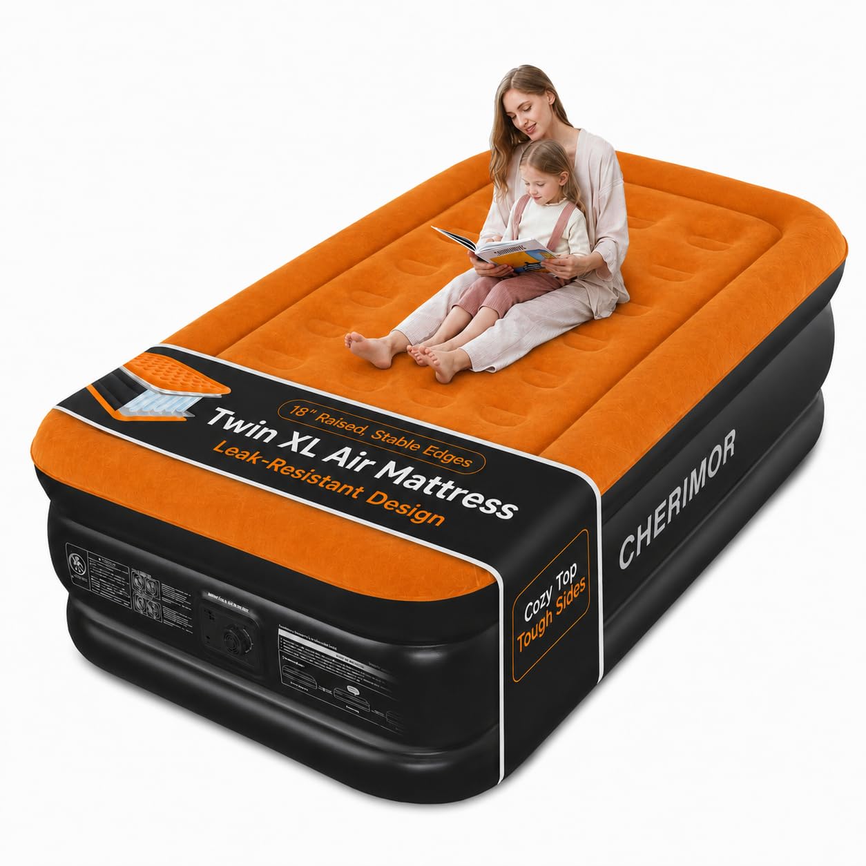CHERIMOR Twin XL Air Mattress with Built-in Pump, 80" Extra Long, Reinforced Support Design, Stable & Durable, 500 lbs Capacity, 2-Min Fast Inflation, Portable Blow Up Bed for Home Guests & Travel