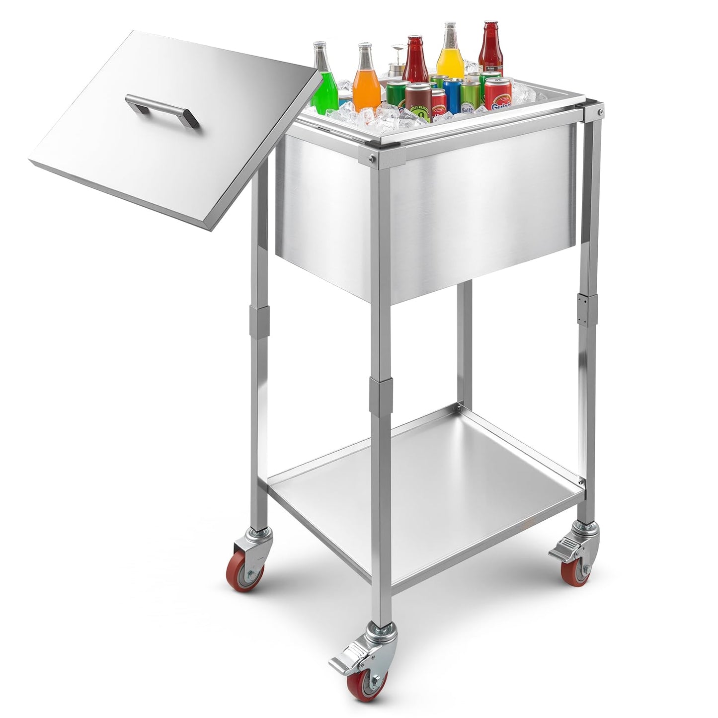 VEVOR Rolling Ice Chest Cooler Cart, Stainless Steel Cooling Bin on Wheels, 32.8 Quart Outdoor Stand Up Cooler Trolley with Shelf, for Patio Backyard Party Bar Cold Drinks(22" L x 16" W x 38" H)