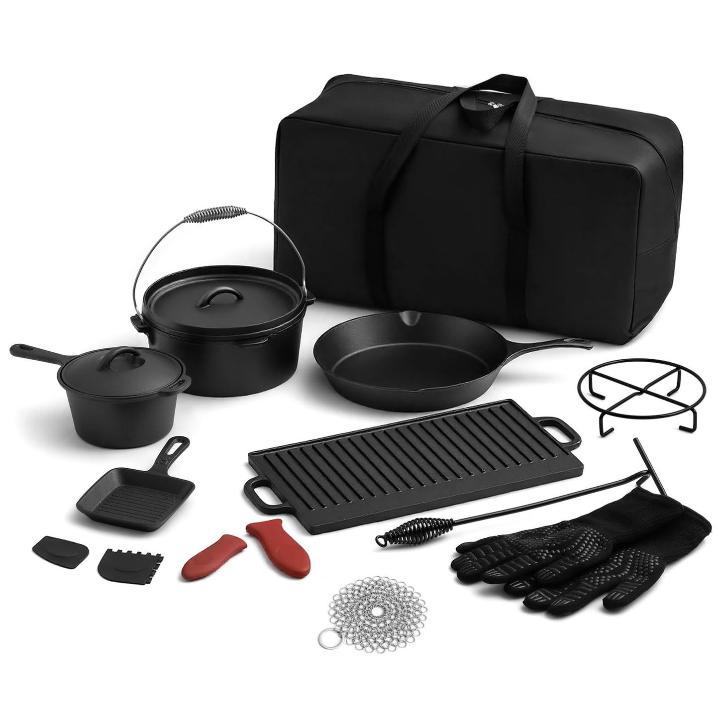 Geetery 15 Pcs Pre-seasoned Cast Iron Cookware Set, Dutch Oven Camping Accessories Kit with Skillet, Pan, Pot, Gloves, Lid Lifter, Storage Bag, Scrubber for Kitchen Ourdoor Campfire Grill BBQ Cookware