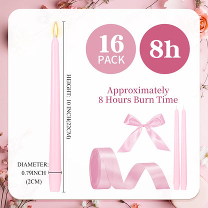 MTLEE 24 Pcs Taper Candles Bow Candle with 72 Ft Ribbons Bows Unscented and Smokeless 0.87 x 10 Inch Tall Candlesticks with Cotton Wick Long Burning for Wedding Dinner Coquette Holiday Party(Pink)