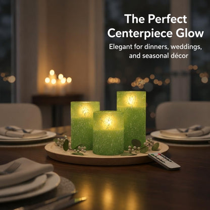 COVEGE Green Flameless Candles with Remote, Glass Flickering Battery Operated LED Pillar Candles with Timer, Real Wax, Set of 3 x4/5"/6"