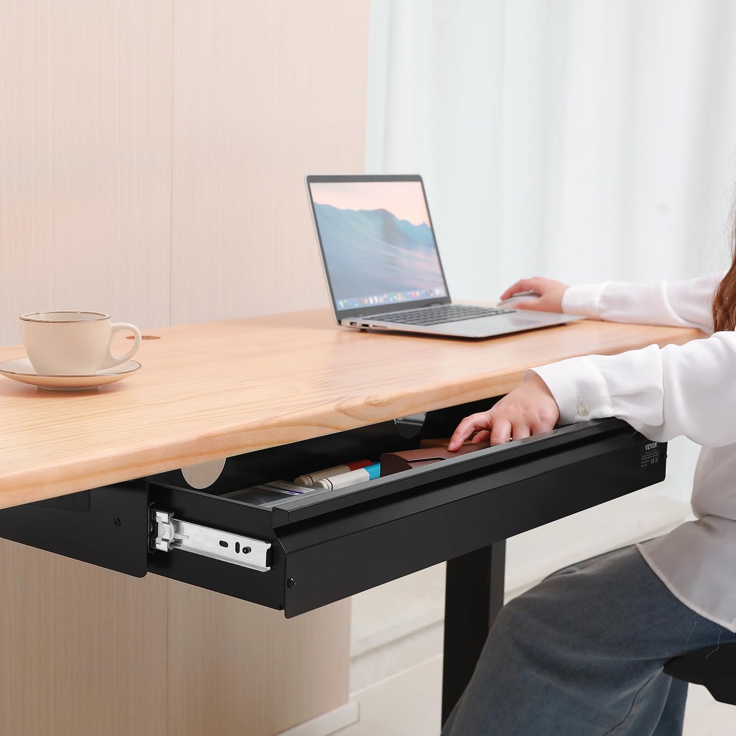 VEVOR Under Desk Drawer Slide Out, 33inch Under Desk Mounted Pull-out Drawer Attachment, Hidden Under Counter Drawers for office Home Sit Stand Workstation, Black