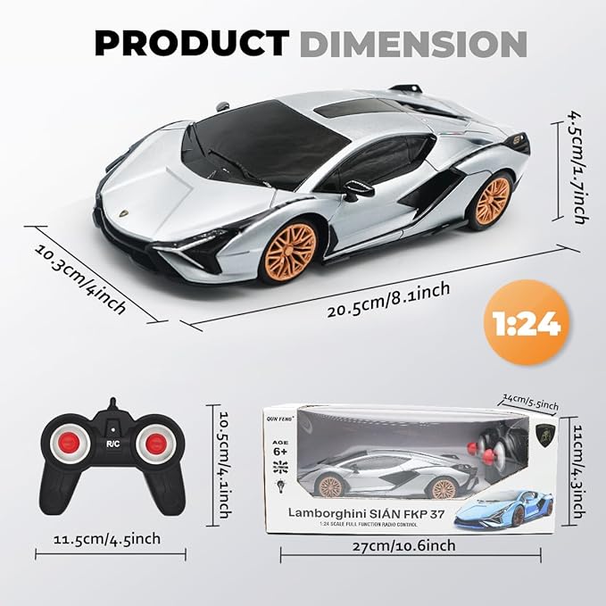 QUN XING Remote Control Car 1:24 Officially Licensed 2.4GHZ Rc Cars Lambo Sport Racing Toy Car for Kids Boys 4-7 Years Birthday GiftSilver