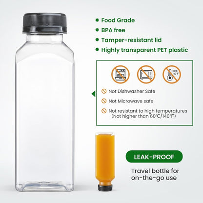 24 PACK, 12 OZ Reusable Plastic Juice Bottles with Caps, Plus 24 Labels & 2 Silicone Funnels - Clear Juicing Bottles for Juice, Smoothies, Ginger, Tea, Coffee - Food Grade & Leakproof Travel Bottles