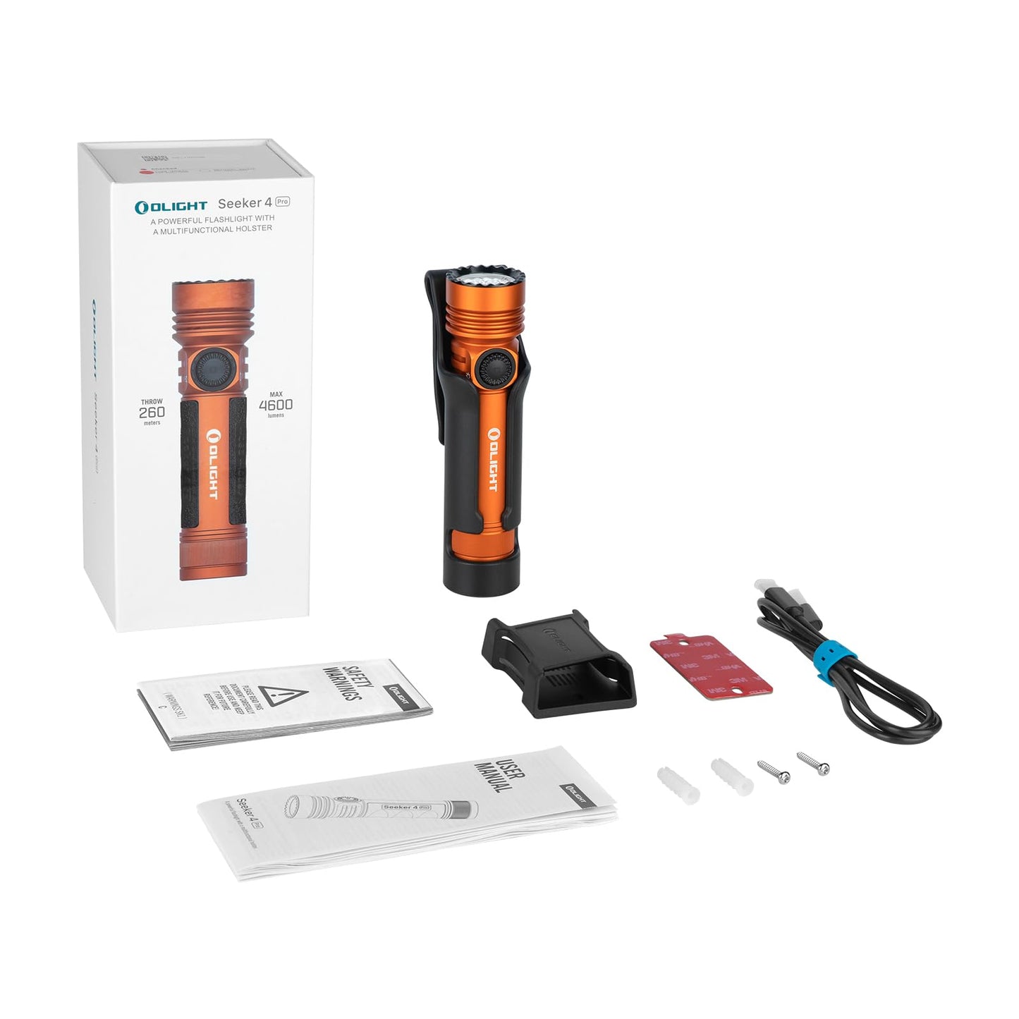 OLIGHT Seeker 4 Pro Rechargeable Flashlights, 4600 Lumens High Powerful Bright Light with USB C Holster, Waterproof IPX8 for Emergencies, Camping, Searching (Orange Cool White)