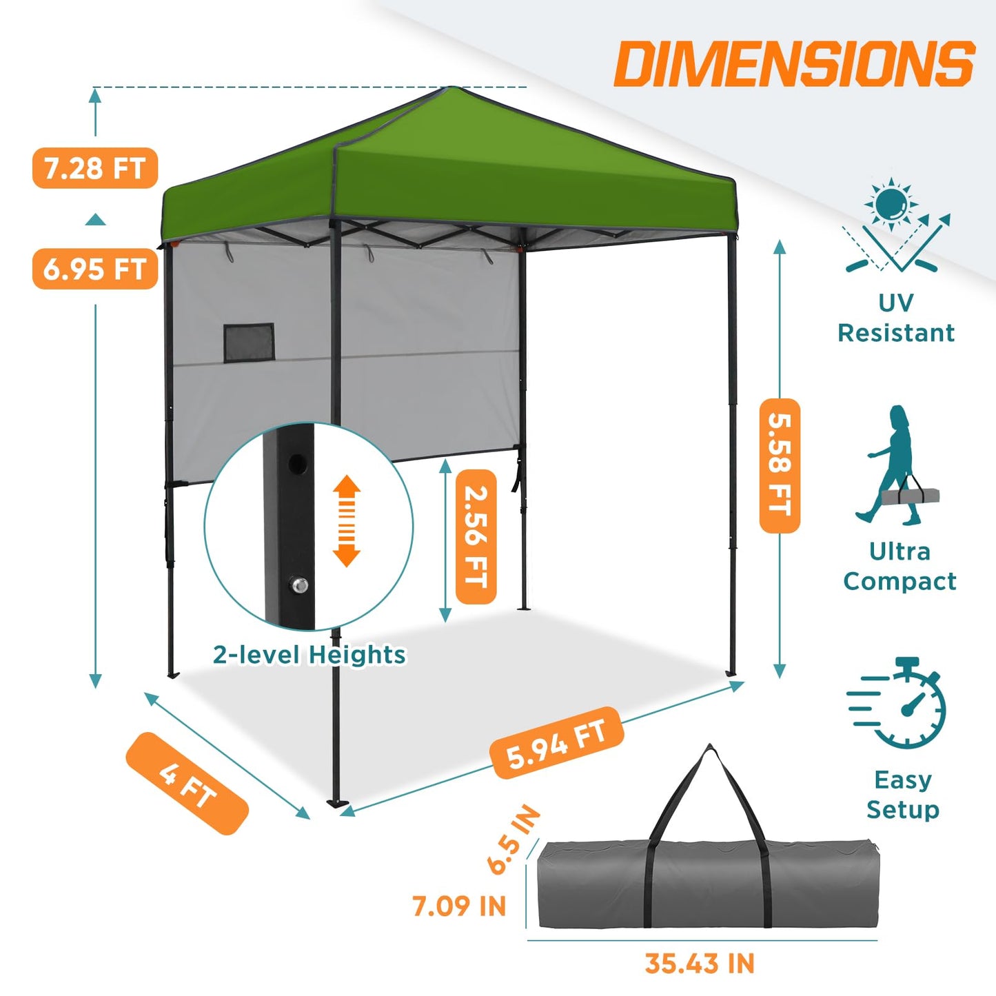 COOS BAY 6x4 Pop Up Canopy Tent with Adjustable Side Wall, Easy Setup Lightweight Portable Sun Shelter for Beach, Camping & Small Spaces, Grass Green