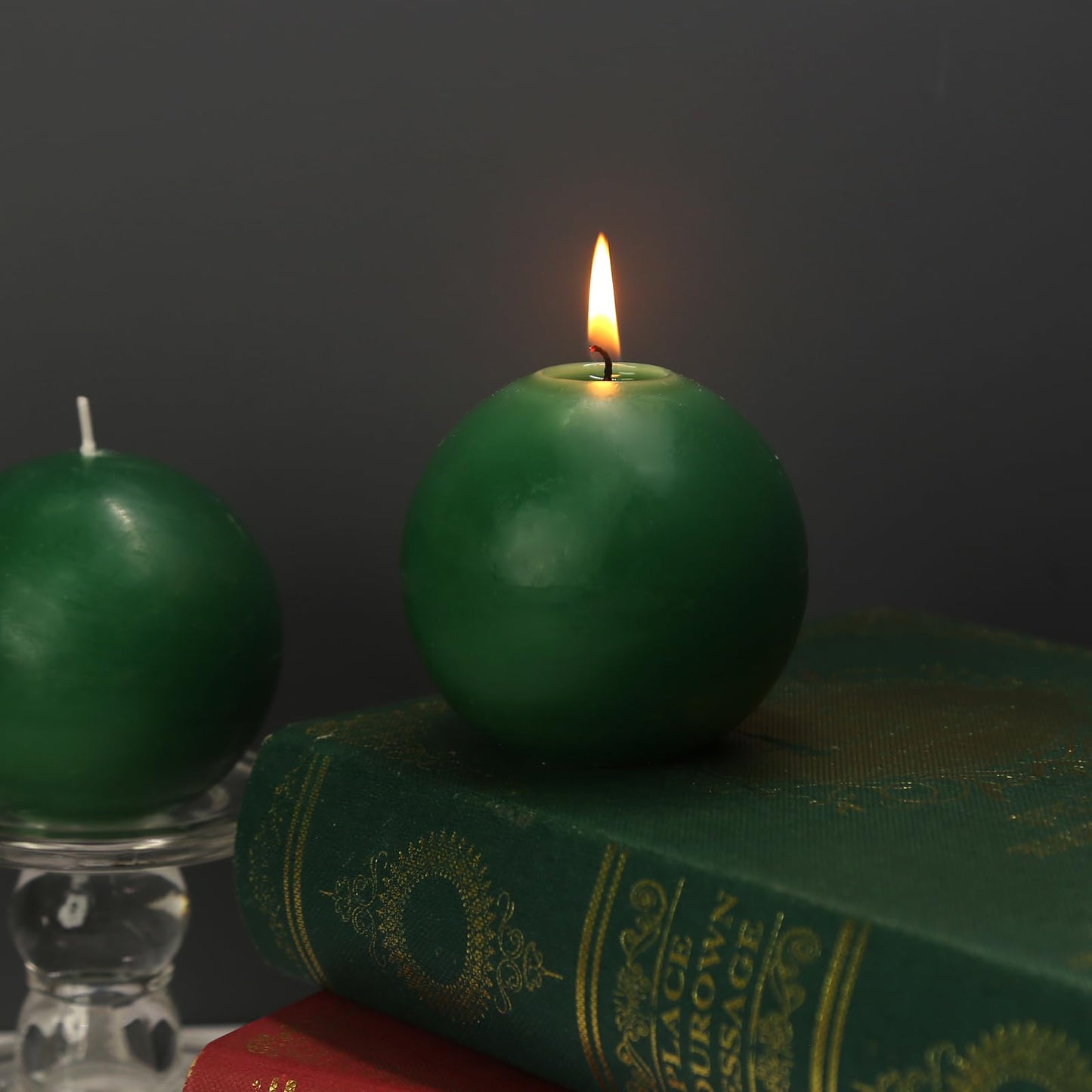 Ball Pillar Candles Set of 3 Green 3 Inch Unscented Handpoured Weddings, Home Decoration, 75 Hour