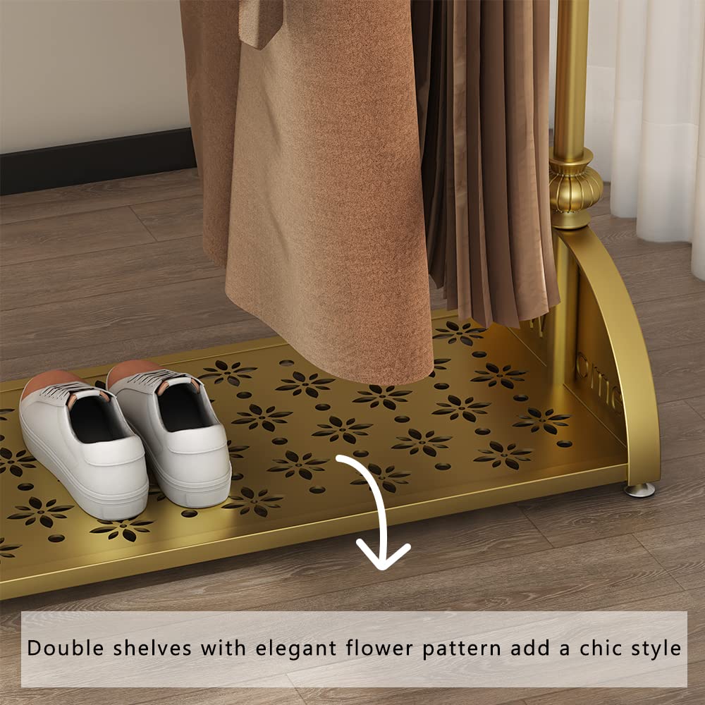 Clothing Rack Gold, Industrial Clothes Rack for hanging Clothes with Double Shelves Freestanding Multi-functional Heavy Duty Garment Rack, Metal Movable Coat Rack for Organizing Clothes Shoes