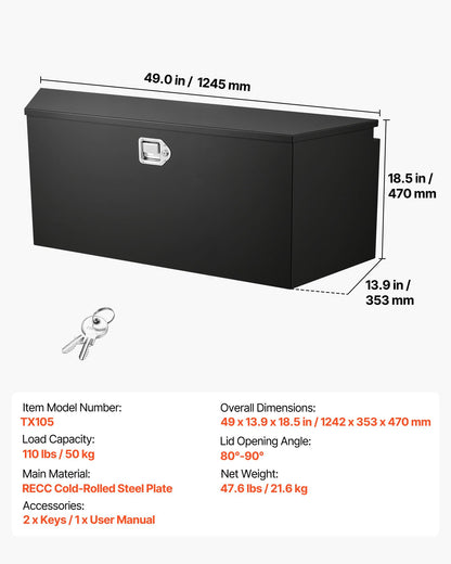 VEVOR Trailer Tongue Box, Heavy Duty Trailer Tongue Tool Box Storage Organizer with Lock & Keys, Utility Tool Chest for Pickup Truck Bed, RV, SUV, Off-Road Vehicle, Steel, 49" x 13.9" x 18.5"