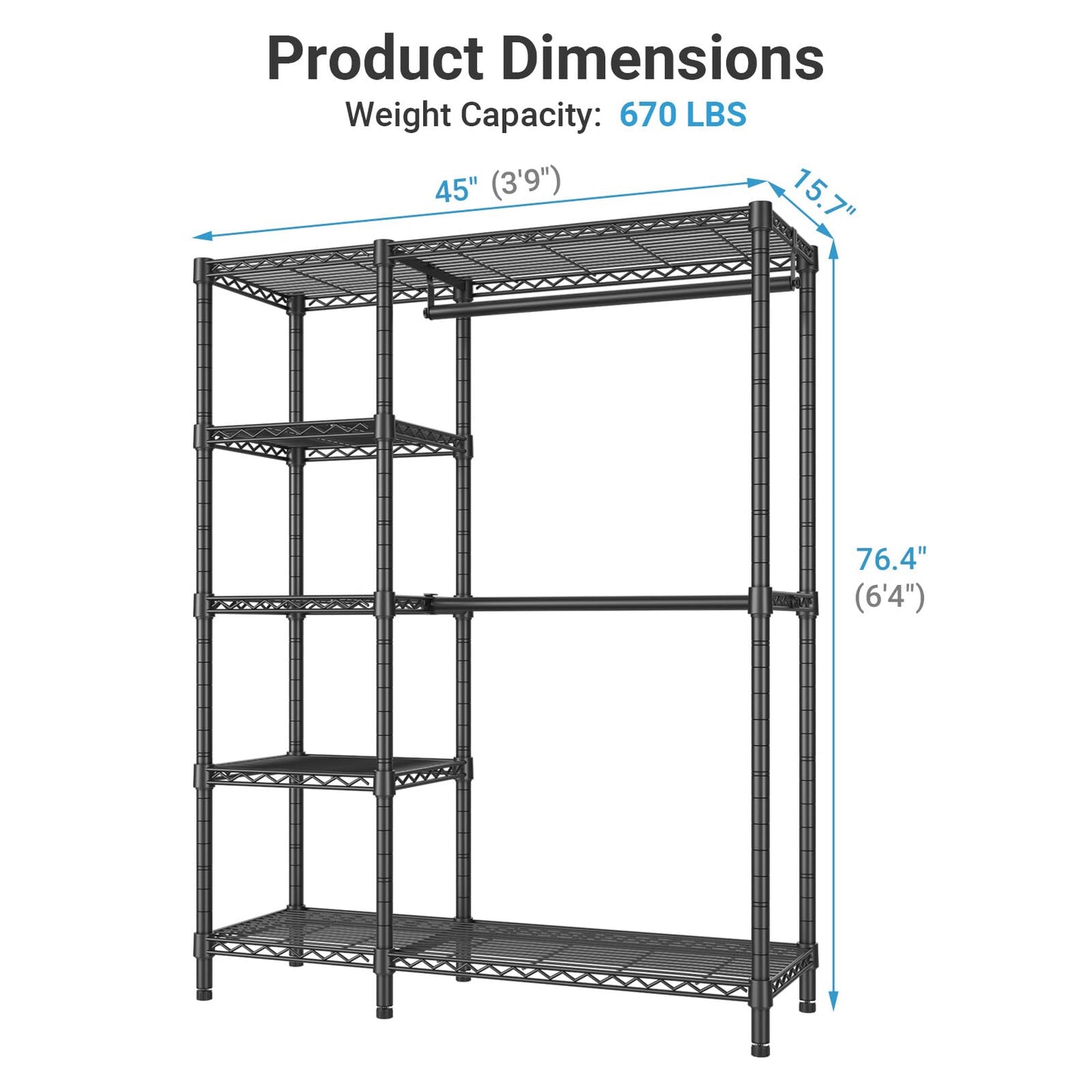 VIPEK V7 Garment Rack for Hanging Clothes Heavy Duty Clothes Rack with Shelves, Portable Closet Racks Metal Clothing Racks 5 Tiers Freestanding Closet Wardrobe System, Max Load 670lbs, Black