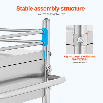 VEVOR Stainless Steel Utility Cart, 2 Layers with Two Lockable Wheels, Ideal for Laboratory, Hospital, Dental Use