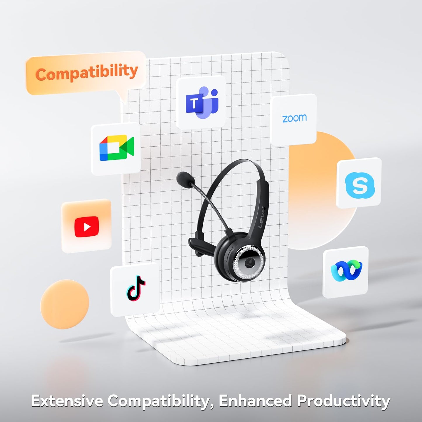LEVN Wireless Headset with Mic for Work, Wireless Headset (Charging Base, Noise Cancelling & Mute Button), Long Battery Life, Bluetooth Headsets for Home/Office/Call Center/Laptop/Teams/Zoom, Black