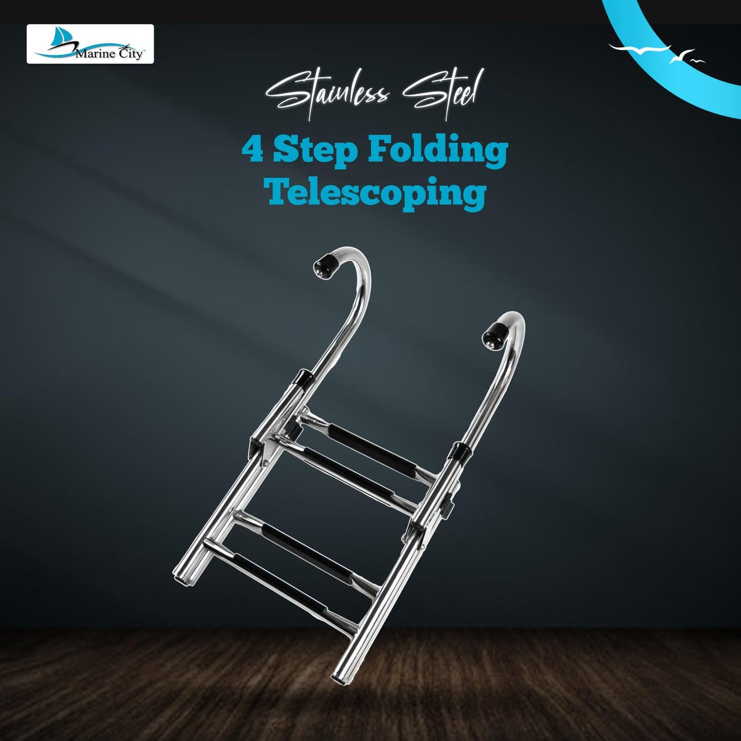 MARINE CITY Stainless Steel Anti-Slip 2+2 Step Folding Telescoping Dock Ladder - Ideal for Marines, Boats, Yachts, Swimming Pools