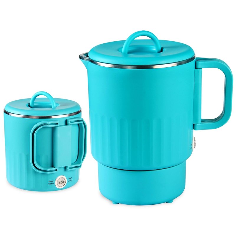 0.8L Small Portable Electric Kettle with Foldable Handle, 27 Ounce Travel Electric Kettle 304 Stainless Steel, Collapsible Hot Water Boiler for RV, Camping, Hotel, Office, Business Trip (Blue)