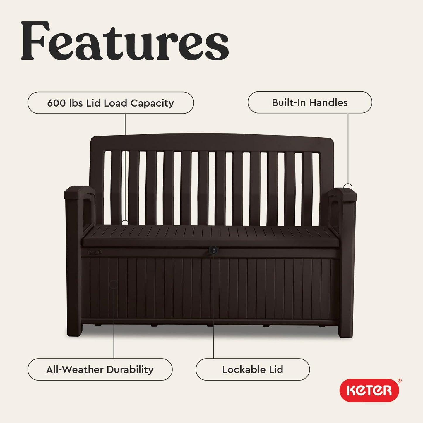 Keter 60 Gallon Storage Bench Deck Box for Patio Furniture, Front Porch Decor and Outdoor Seating – Perfect to Store Garden Tools