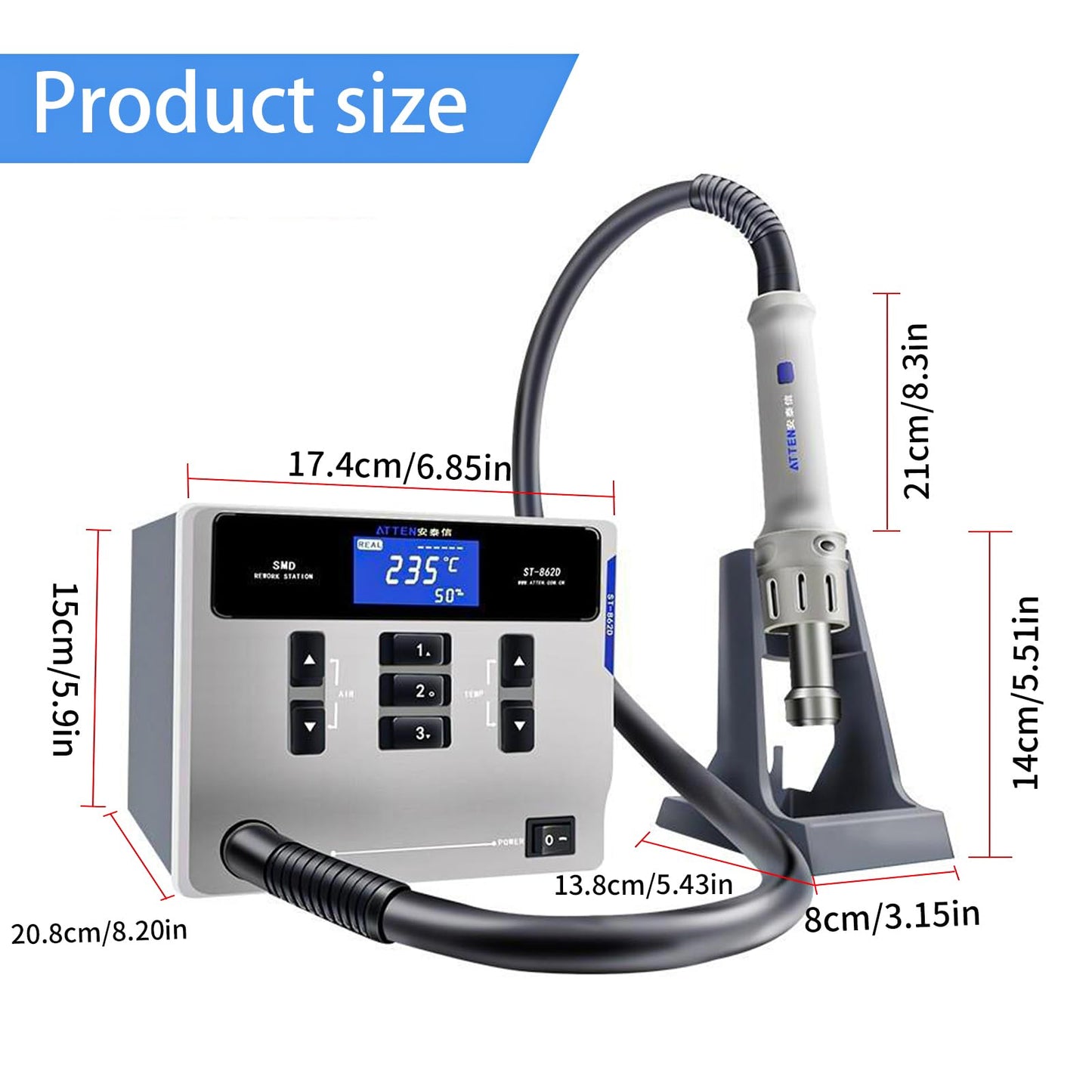 Hot Air Rework Station, ATTEN ST-862D 1000W Digital Display Automatic Sleep Hot Air Gun Soldering Station, Adjustable Temperature Desoldering Gun BGA Rework Station