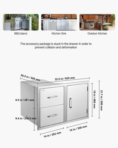 VEVOR Outdoor Kitchen Door Drawer Combo, 32.5"Wx21.7"Hx20.5"D, Access Door Double Drawers with Paper Towel Rack, BBQ Island Drawers with Stainless Steel Handles, 30.7"Wx20"Hx21"D Cutout Size