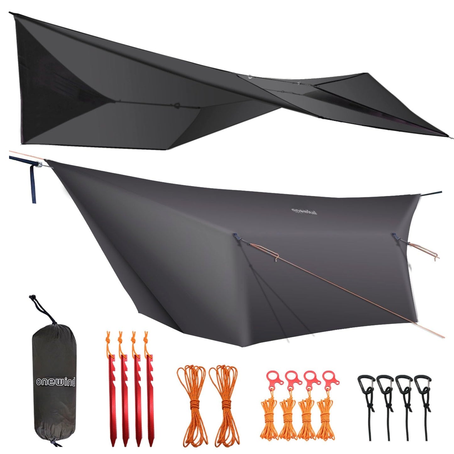 onewind 12×10 ft Hammock Tarp, Ultralight Versatile Camping Tarp Lightweight Waterproof Silnylon Hammock Rain Fly with Doors, Easy to Setup with Stuff Sack Tent Stakes, Dark Grey