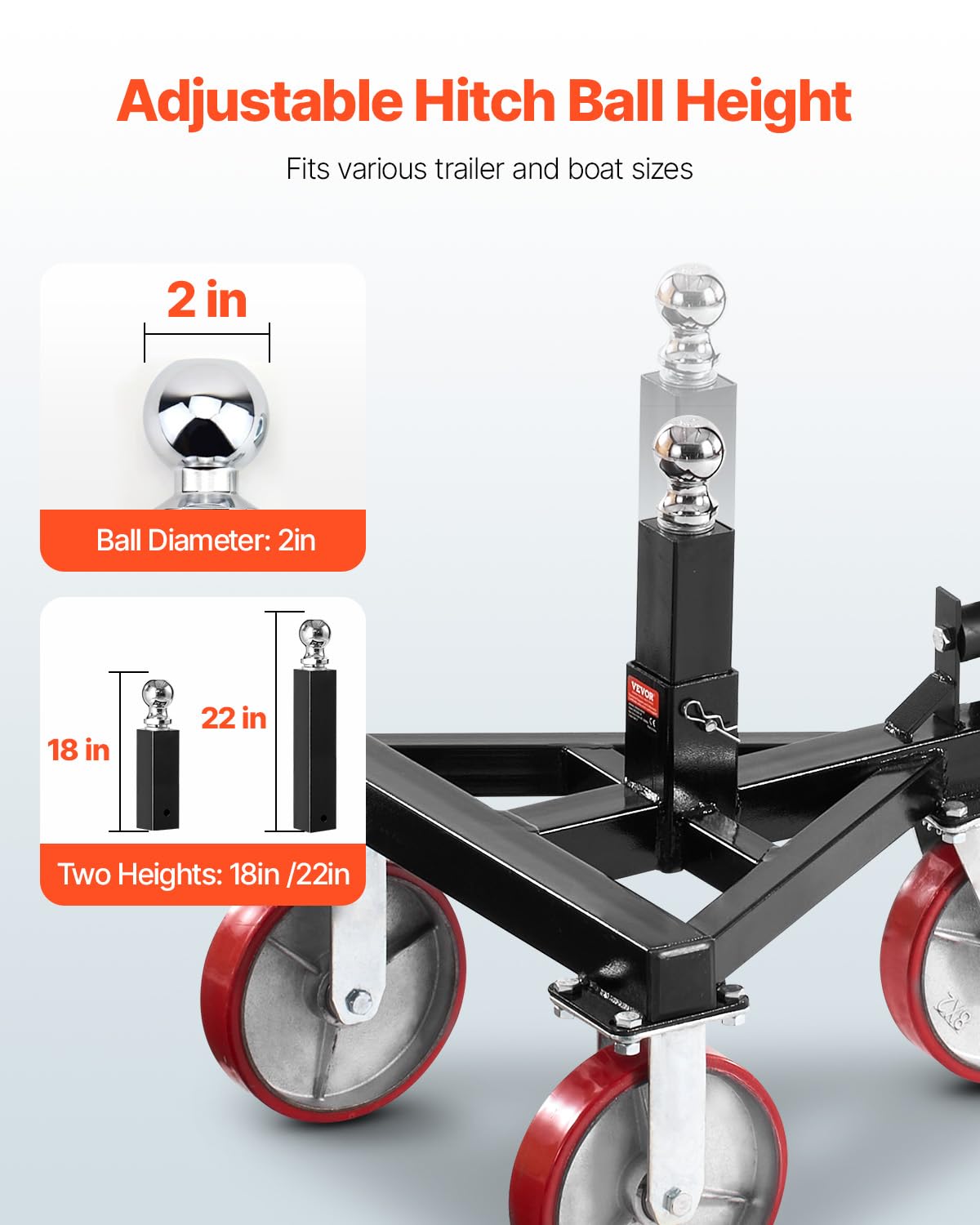 VEVOR Trailer Dolly, 3500lbs Tongue Weight Capacity, 18 inch and 22 inch Height Adjustable Trailer Dolly, with 2 inch Hitch Ball, Adjustable Handle Length, 8-inch Swivel Wheels, for Moving RV Trailer