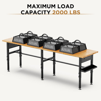 KEIKI 96 Inch Rolling Workbench with Wheels and Side Pegboard, Solid Wood Top Heavy Duty Steel Garage Work Table with Power Outlet and Storage Box, 2000 lbs Capacity, Adjustable Height, Black