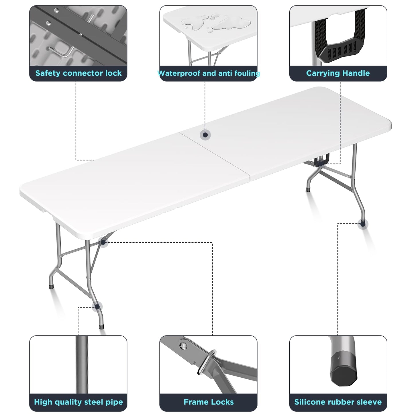 HLPB Folding Table Picnic Table, 8 ft Portable Camping Table with Handle and Safety Locks, Foldable Table Plastic Dining Table Indoor Outdoor for Camping, Picnic and Party