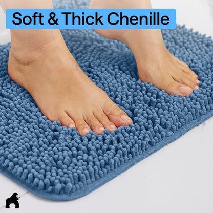 GORILLA GRIP Bath Rug Mat - Soft Absorbent Chenille | Quick Dry Microfiber, Rubber Backing, 24x17, Blue