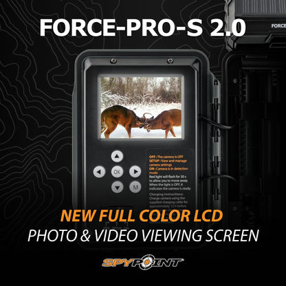 SPYPOINT Force-PRO-S 2.0 Solar Trail Camera, Non-Cellular, Integrated Solar Panel, 0.2S Trigger Speed,110 ft Detection Range, 4K/2K/1080p Video Modes, 48MP Photos, Internal Battery Supply