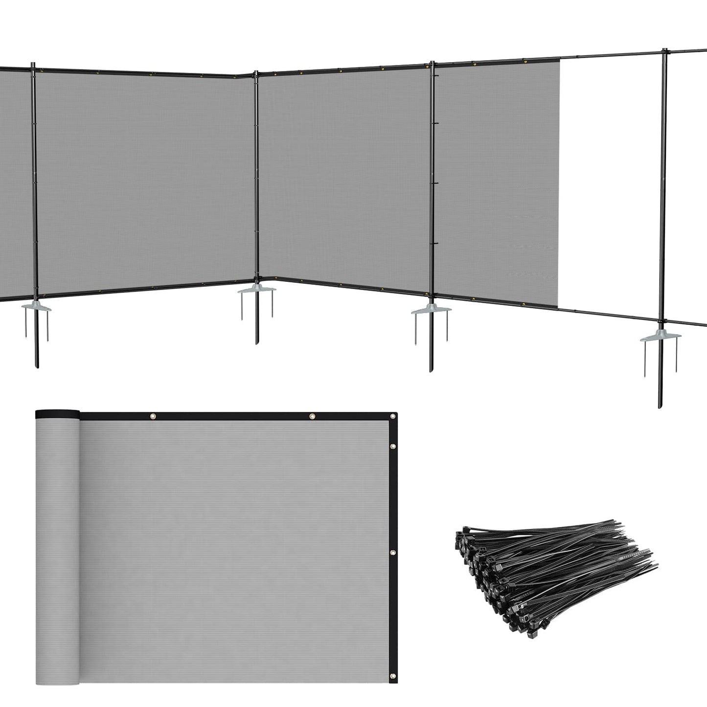 Patio 6' x 24' Outdoor Privacy Screen Freestanding Temporary Fence Panels Net Cover with Metal Poles for Outside Backyard Pool Garden Air Conditioner Fencing, Light Gray