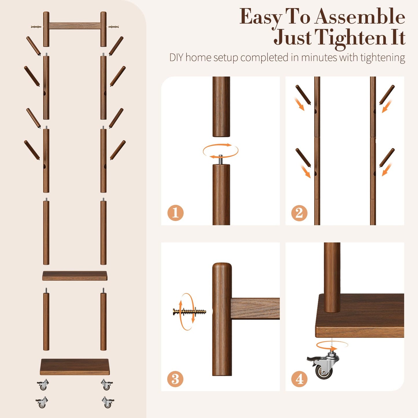 Yoobure Solid Wood Coat Rack Freestanding - Rolling Clothes Rack with 8 Hooks & Shelves, Small Clothing Rack with Wheels, Heavy Duty Clothing Racks for Hanging Clothes, Portable Hall Tree for Entryway