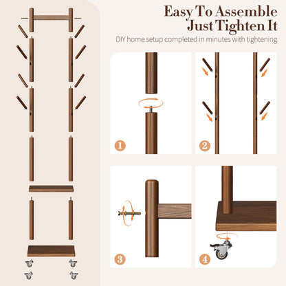 Yoobure Solid Wood Coat Rack Freestanding - Rolling Clothes Rack with 8 Hooks & Shelves, Small Clothing Rack with Wheels, Heavy Duty Clothing Racks for Hanging Clothes, Portable Hall Tree for Entryway