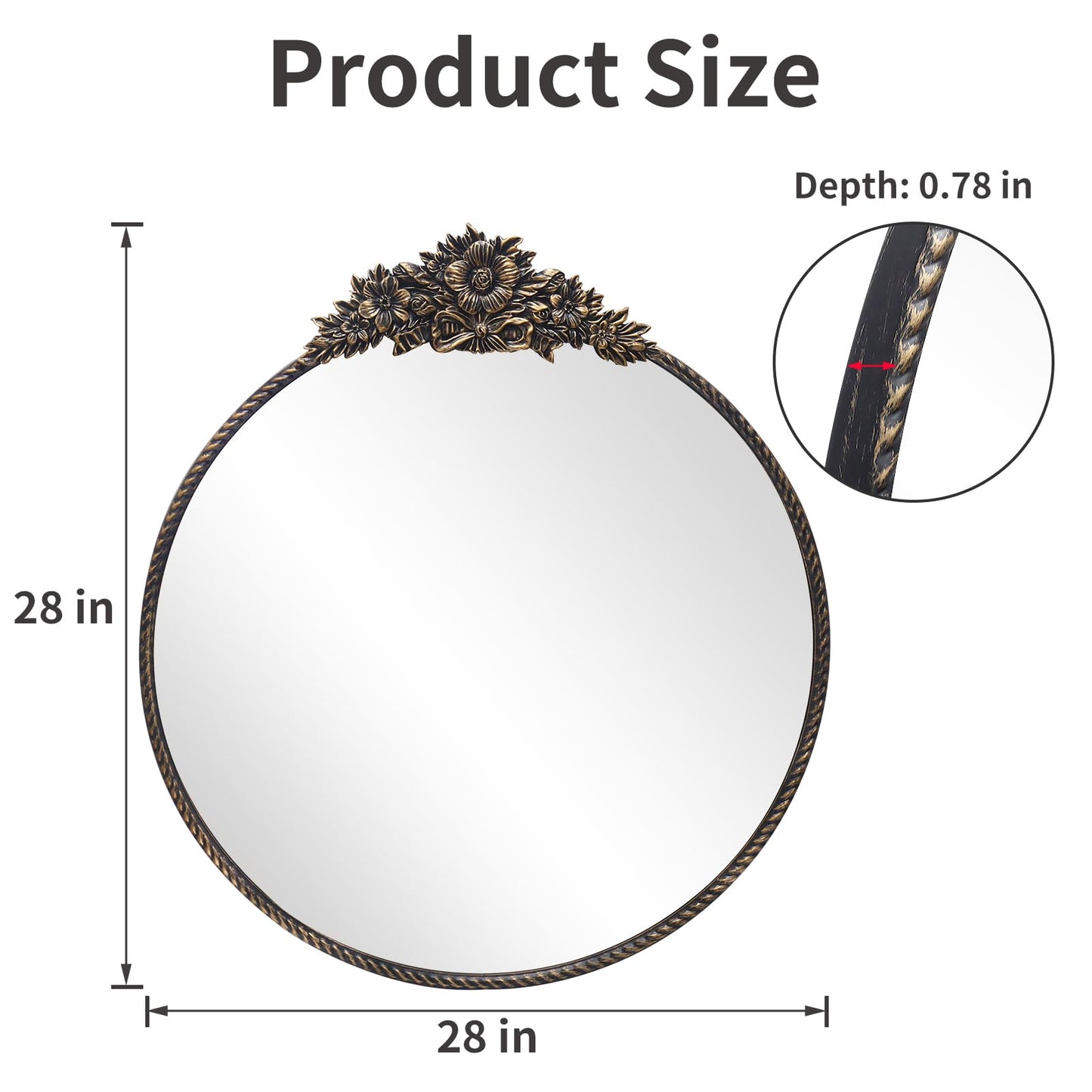 YIDIE Round Mirror, 28''Baroque Style Wall Mirror Metal Frame Circle Mirrors for Entryway, Living Room or Bedroom,Retro Black