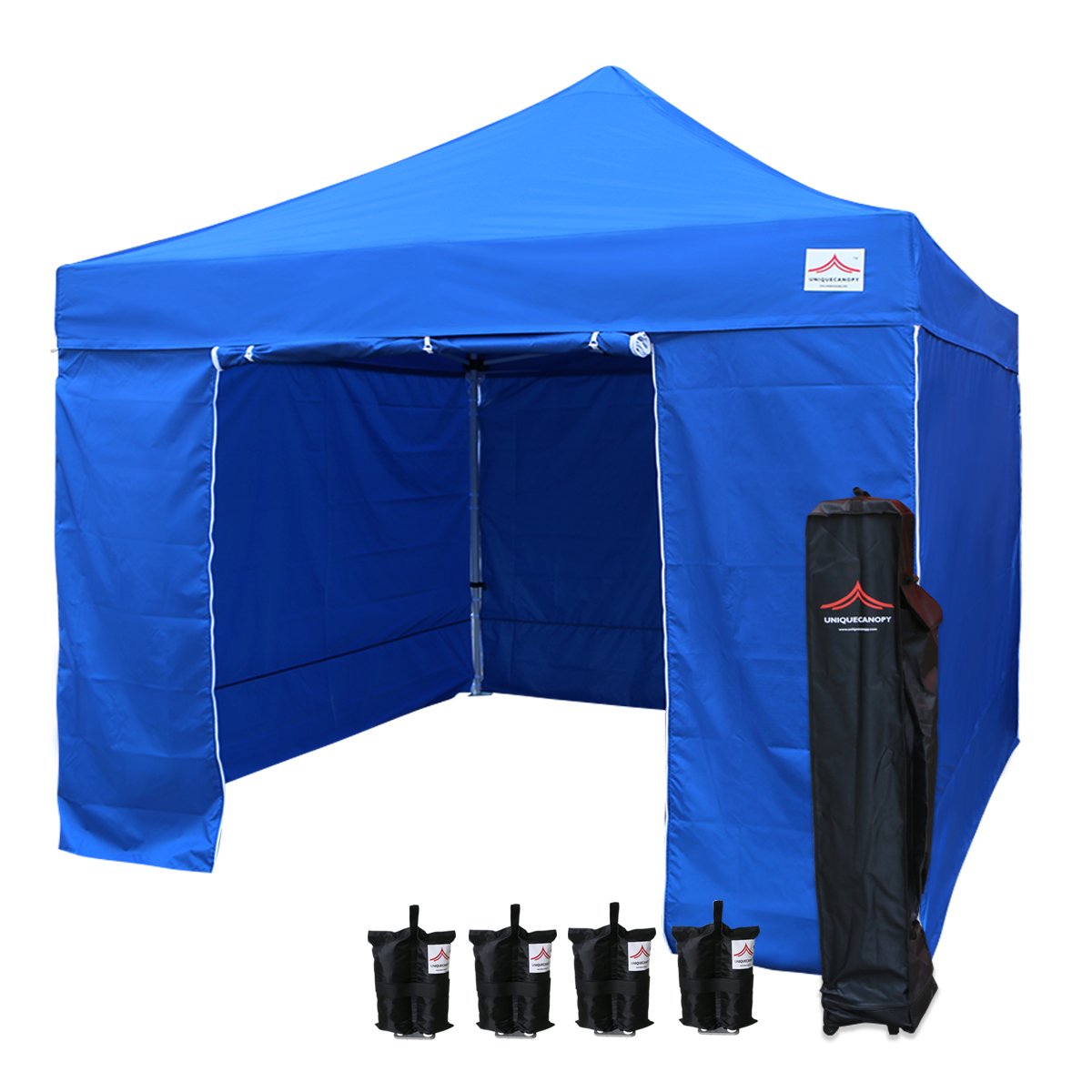 UNIQUECANOPY 10'x10' Pop Up Canopy Tent Commercial Instant Shelter, with 4 Removable Zippered Side Walls and Heavy Duty Roller Bag, 4 Sand Bags Blue